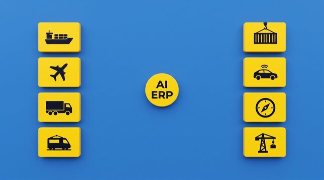 ERP AI Icons System. Grafikdesign. Umgebung KI System Infografik eines KI-ERP-Systems mit vernetzten Unternehmensbereichen, Business AI System. KI ERP Architecture Symbolisch dargestellt