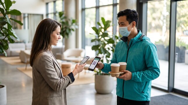 Customer Scanning QR Code on Phone to Pay Delivery Courier in Office Lobby