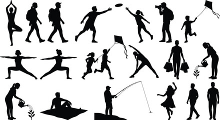 Naklejka premium Outdoor Activities and Lifestyle Silhouettes Set of People Doing Sports Leisure and Recreation