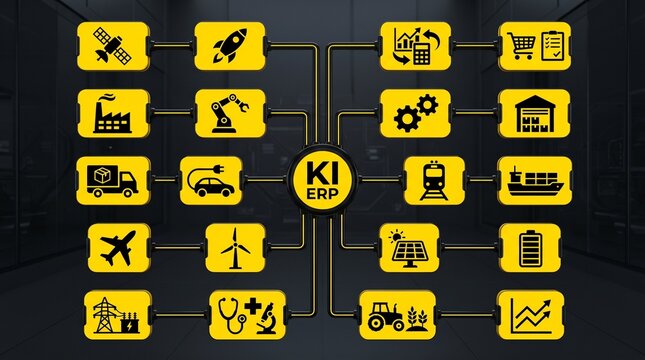 ERP AI System. Grafikdesign. Umgebung KI System Infografik eines KI-ERP-Systems mit vernetzten Unternehmensbereichen, Business AI System. KI ERP Symbolisch dargestellt