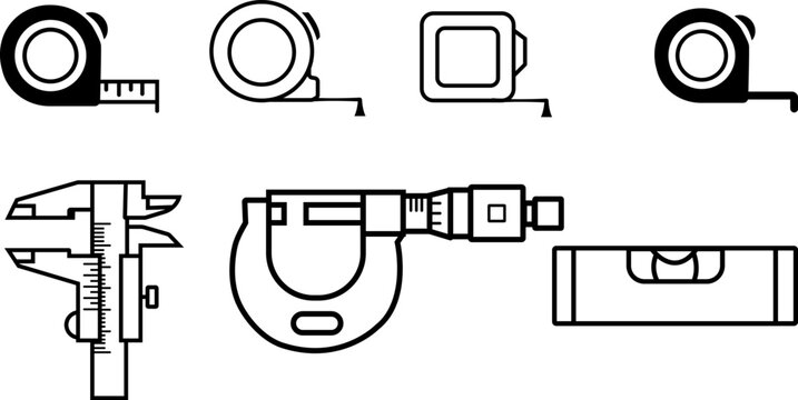 Set of measuring tools icons including tape measure, calipers, micrometer and spirit level