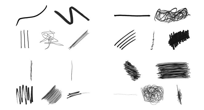 Black charcoal pencil brush strokes set isolated on transparent background for digital art