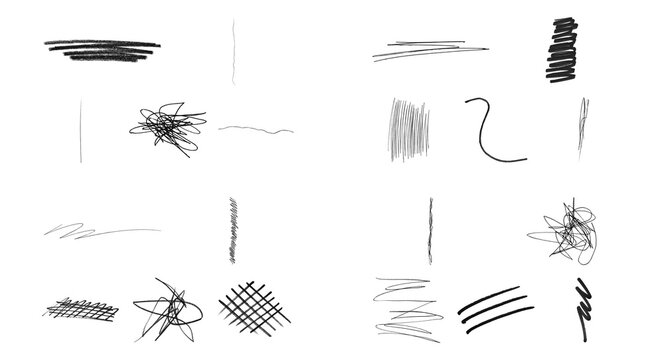 Hand drawn charcoal pencil scribble marks and abstract sketch textures set on transparent background