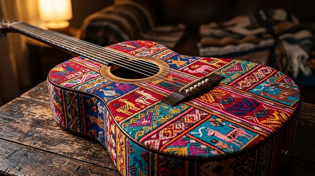 vibrant latin american guitar on wooden table ,Hispanic Heritage Celebration Month, Latino Ctivalultural Festival, Cinco de Mayo, D&iacute;a de los Muertos, Carnaval, Inti Raymi