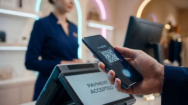 Customer Scanning QR Code with Mobile Phone Terminal for E-wallet Payment in Store