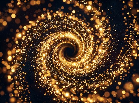 Golden glitter sparkles forming a swirling spiral nebula vortex pattern
