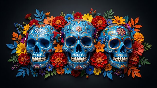 Vibrant Mexican sugar skulls with colorful flowers ,Hispanic Heritage Celebration Month, Latino Ctivalultural Festival, Cinco de Mayo, D&iacute;a de los Muertos, Carnaval, Inti Raymi