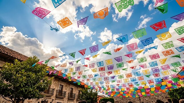 Vibrant Mexican fiesta decorations under blue sky ,Hispanic Heritage Celebration Month, Latino Ctivalultural Festival, Cinco de Mayo, D&iacute;a de los Muertos, Carnaval, Inti Raymi