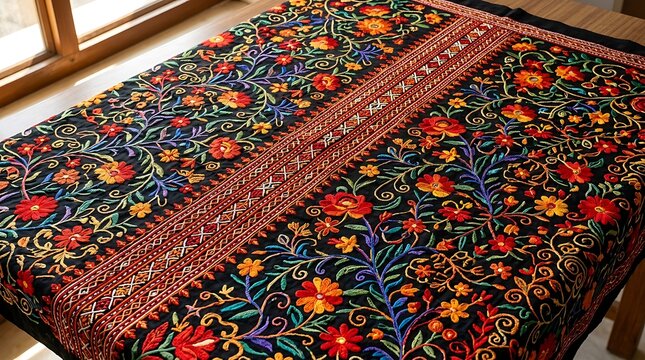 Vibrant floral embroidered textile with intricate patterns ,Hispanic Heritage Celebration Month, Latino Ctivalultural Festival, Cinco de Mayo, D&iacute;a de los Muertos, Carnaval, Inti Raymi
