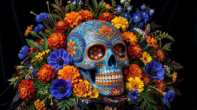 Vibrant Day of the Dead Skull Decoration ,Hispanic Heritage Celebration Month, Latino Ctivalultural Festival, Cinco de Mayo, D&iacute;a de los Muertos, Carnaval, Inti Raymi