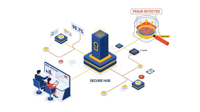 Isometric secure hub illustration with data security, risk analysis, fraud detection, and AI engine concept