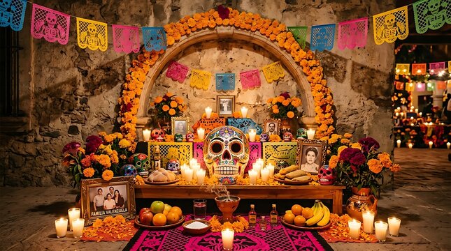 Vibrant Day of the Dead altar with marigolds ,Hispanic Heritage Celebration Month, Latino Ctivalultural Festival, Cinco de Mayo, D&iacute;a de los Muertos, Carnaval, Inti Raymi