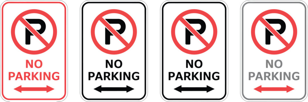 Parking traffic signs with no parking symbols and red, black, and blue borders for road safety and transportation design.