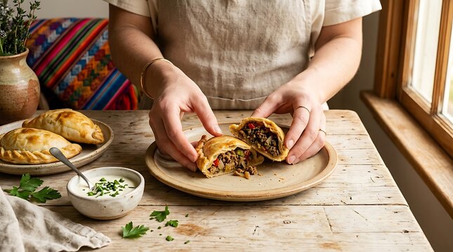 Woman enjoying traditional Latin American empanadas at home ,Hispanic Heritage Celebration Month, Latino Ctivalultural Festival, Cinco de Mayo, D&iacute;a de los Muertos, Carnaval, Inti Raymi