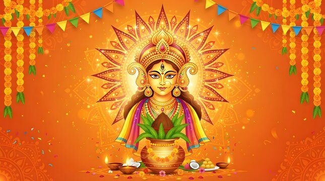 Goddess durga illustration for navratri festival celebration with traditional kalash, marigold flowers, and diya lamps on an orange background