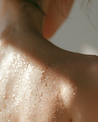 Fototapeta premium Water droplets on shoulder skin warm backlit glow