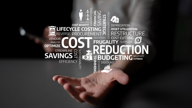 This image illustrates essential concepts of cost reduction and budgeting, focusing on improving efficiency, maximizing savings, and optimizing business processes. Tessel