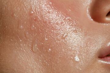 Fototapeta premium Skin Hydration Droplets Close Up on Cheek