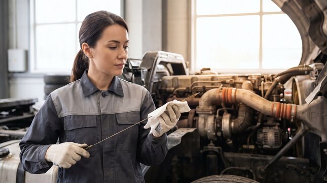 Female mechanic checking engine oil level with dipstick in garage