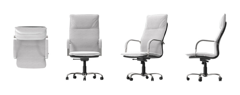 Modern executive office chair in light gray fabric, shown from multiple angles