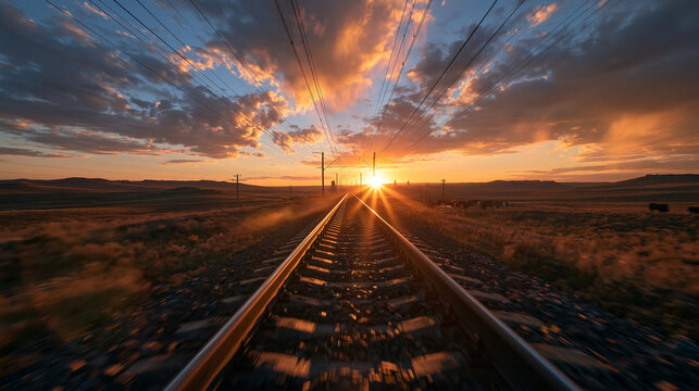 Railway Track Leading into Dramatic Sunset Horizon