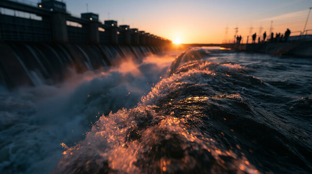 Hydroelectric Dam Discharging Rushing Water at Sunset