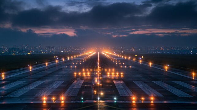 Illuminated Airport Runway at Dusk with Glowing Perspective Lights