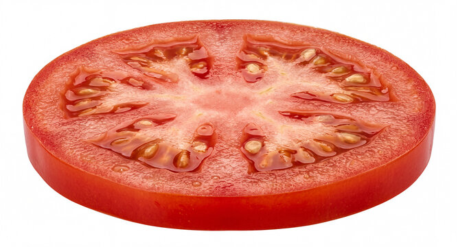 Thick slice of ripe red tomato with juicy flesh and visible seeds isolated on white background, fresh ingredient for cooking and healthy food.
