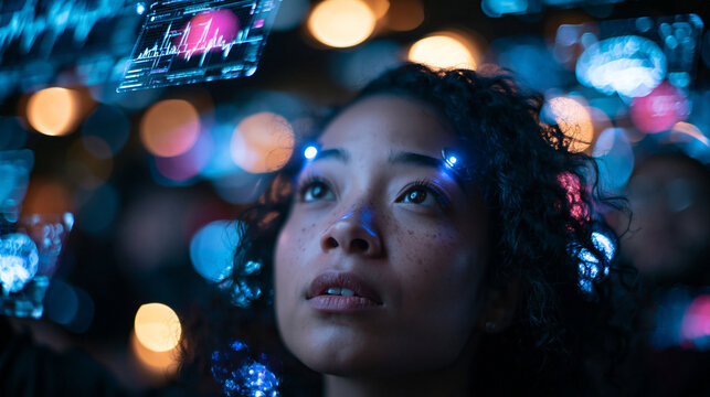 Futuristic Woman with Neural Implants Looking at Holographic Interface