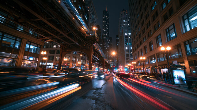 Downtown Chicago Street at Night with Traffic Light Trails