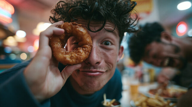 Playful Young Man Looking Through Onion Ring at Restaurant