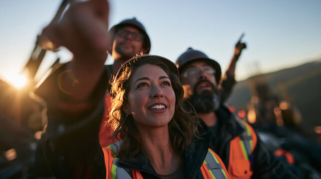 Diverse Construction Team and Female Engineer Pointing at Site