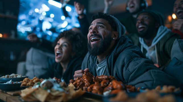 Excited Friends Cheering While Watching Sports on Television at Home