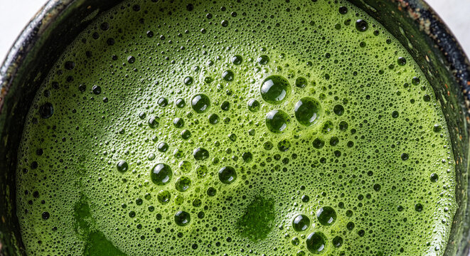 Close-up of frothy green matcha tea with bubbles in a ceramic bowl, vibrant texture of a traditional Japanese drink made with matcha powder.