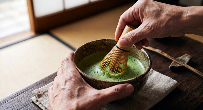 Hands preparing matcha green tea with a bamboo whisk in a ceramic bowl, traditional Japanese tea ceremony in a serene interior setting.