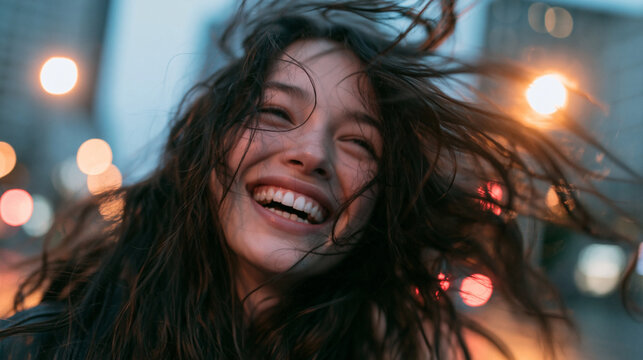 Happy Young Woman Laughing Outdoors with Wind in Hair