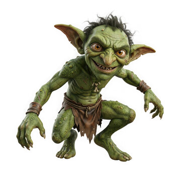 A mischievous green goblin creature with pointed ears and sharp teeth isolated on transparent background