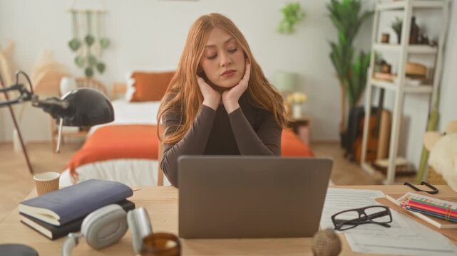 Redhead woman resting chin on hands at laptop on a cluttered desk with glasses, books and coffee in a studio; fatigue study focus.