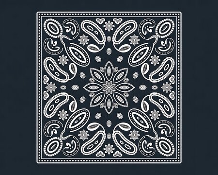 Black and white bandana paisley pattern square floral ornament vector