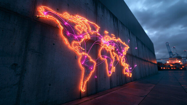 Glowing World Map on Industrial Wall Representing Global Logistics