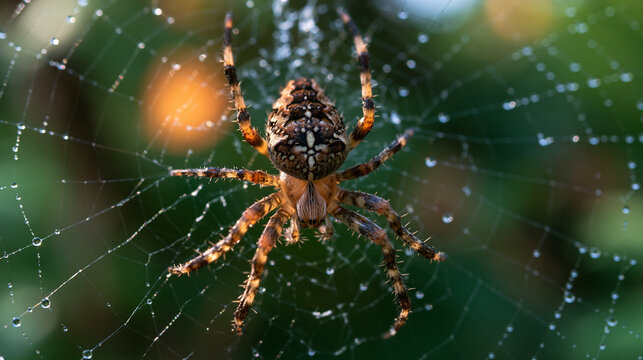 Garden Spider on Web with Morning Dewdrops