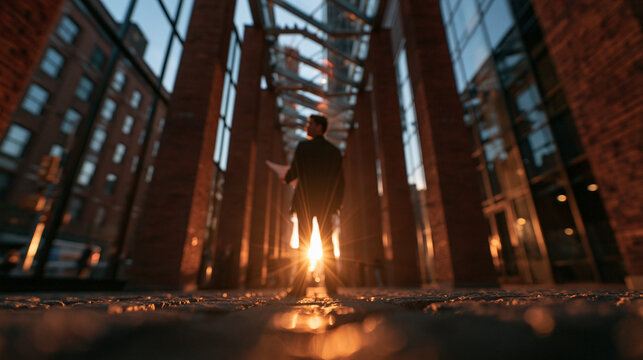 Businessman in Modern Architectural Corridor at Sunset