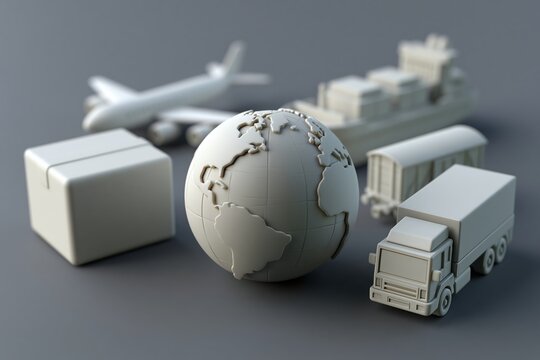 Global logistics symbols with parcel, airplane, ship, rail wagon, truck and globe