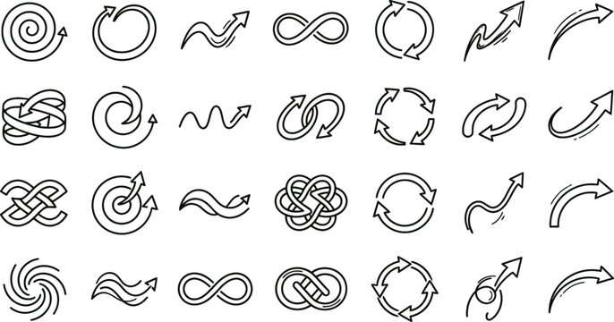 Minimalist black line arrow icons, 28 circular and wavy vector elements, infinity symbols and cycle signs for business infographics