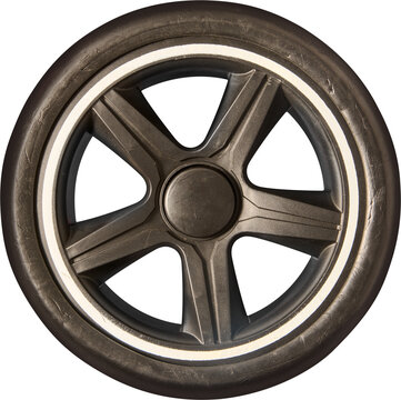 black plastic toy wheel isolated white background, five spoke rim with white stripe and rubber tire in close-up view