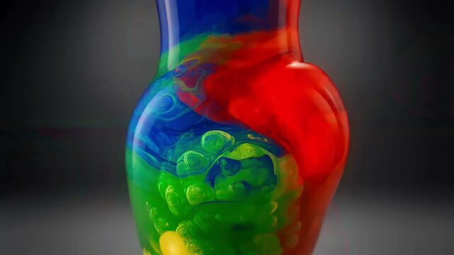 Abstract colorful glass vase with vibrant red yellow green fluid art texture flowing liquid background