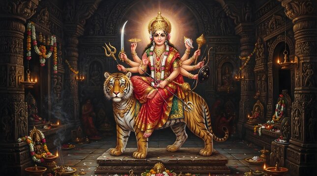 Goddess durga riding a tiger inside an ancient, ornate hindu temple, surrounded by traditional lamps and intricate stone carvings, capturing divine serenity