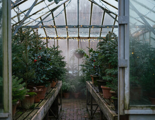 Fototapeta premium Small Holiday Trees Decorated With String Lights In A Rustic Greenhouse During Wintertime