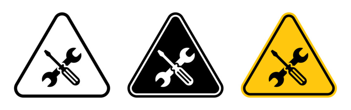Maintenance hazard warning sign set, Crossed wrench and screwdriver symbols in outline, solid and yellow triangular designs for repair, tools, equipment and workplace safety, Vector illustration.