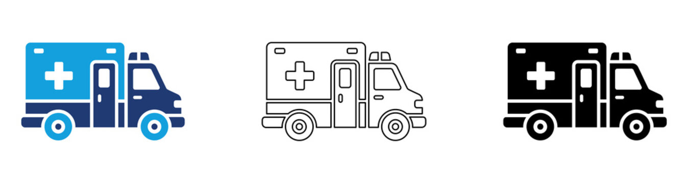 Blue Black Ambulance Emergency Vehicle Icon Set with Filled and Outline Styles for Medical Transport Emergency Response Healthcare Services and Patient Care
